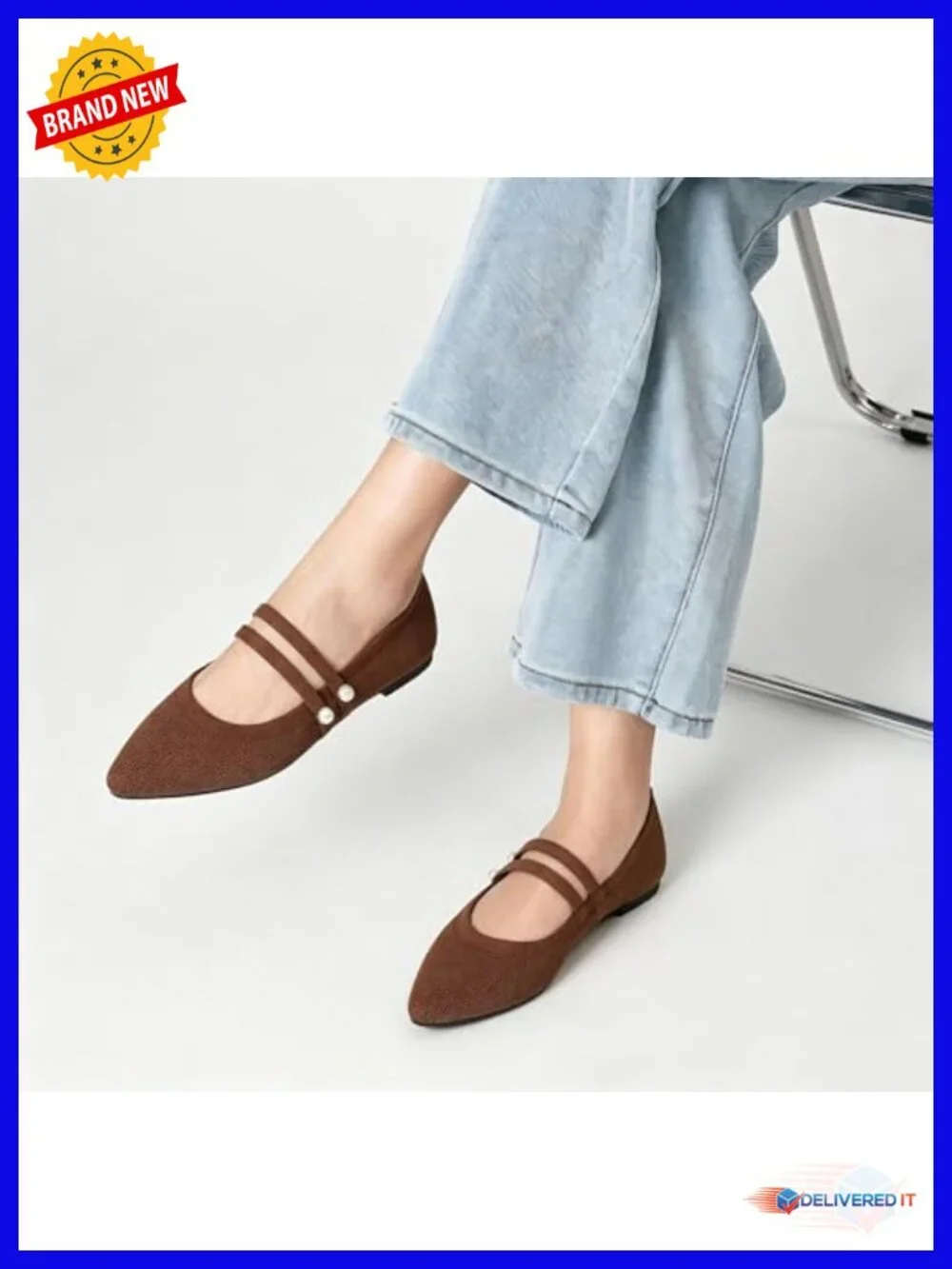 Knit Pointed Toe Mary Jane Flats with Double Strap - Breathable Comfort Memory - Picture 3 of 6